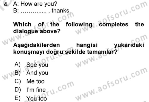Ingilizce 1 Dersi 2016 - 2017 Yılı (Vize) Ara Sınav Soruları 4. Soru