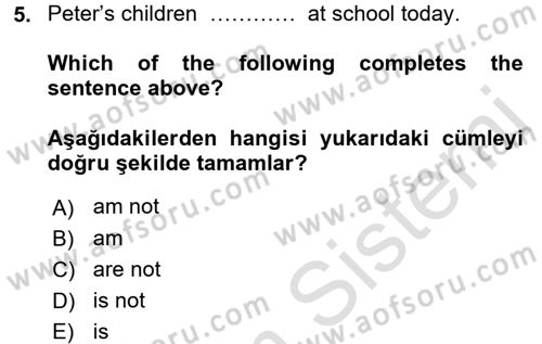 Ingilizce 1 Dersi 2016 - 2017 Yılı (Vize) Ara Sınav Soruları 5. Soru