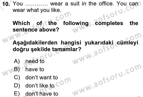 Ingilizce 1 Dersi 2016 - 2017 Yılı (Final) Dönem Sonu Sınav Soruları 10. Soru