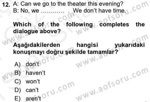 Ingilizce 1 Dersi 2016 - 2017 Yılı (Final) Dönem Sonu Sınav Soruları 12. Soru