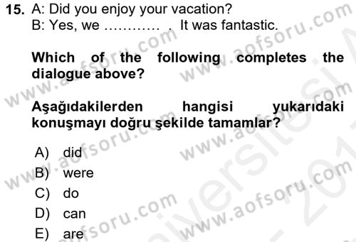 Ingilizce 1 Dersi 2016 - 2017 Yılı (Final) Dönem Sonu Sınav Soruları 15. Soru