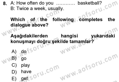 Ingilizce 1 Dersi 2016 - 2017 Yılı (Final) Dönem Sonu Sınav Soruları 8. Soru