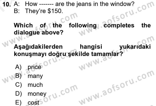 Ingilizce 1 Dersi 2017 - 2018 Yılı 3 Ders Sınavı 10. Soru