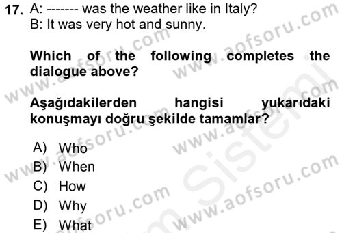 Ingilizce 1 Dersi 2017 - 2018 Yılı 3 Ders Sınavı 17. Soru