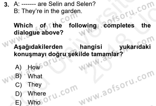 Ingilizce 1 Dersi 2017 - 2018 Yılı 3 Ders Sınavı 3. Soru