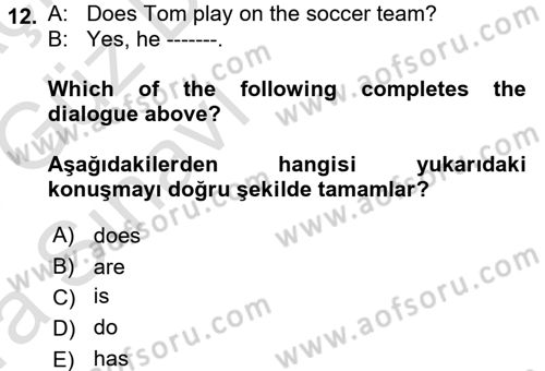 Ingilizce 1 Dersi 2017 - 2018 Yılı (Vize) Ara Sınav Soruları 12. Soru