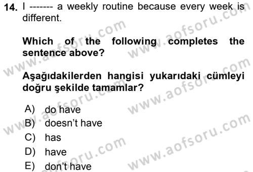 Ingilizce 1 Dersi 2017 - 2018 Yılı (Vize) Ara Sınav Soruları 14. Soru