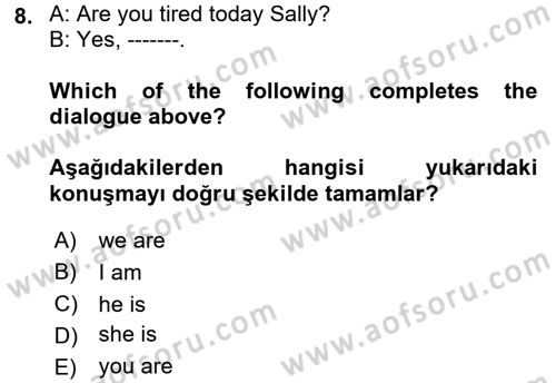 Ingilizce 1 Dersi 2017 - 2018 Yılı (Vize) Ara Sınav Soruları 8. Soru