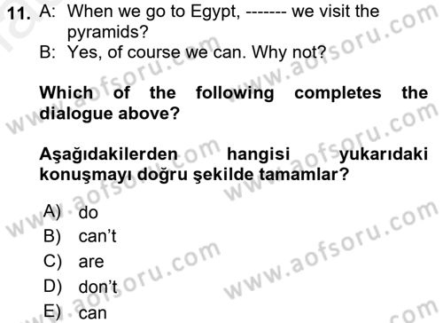 Ingilizce 1 Dersi 2017 - 2018 Yılı (Final) Dönem Sonu Sınav Soruları 11. Soru