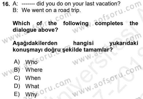Ingilizce 1 Dersi 2017 - 2018 Yılı (Final) Dönem Sonu Sınav Soruları 16. Soru