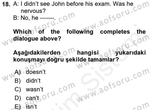 Ingilizce 1 Dersi 2017 - 2018 Yılı (Final) Dönem Sonu Sınav Soruları 18. Soru