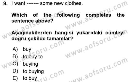 Ingilizce 1 Dersi 2017 - 2018 Yılı (Final) Dönem Sonu Sınav Soruları 9. Soru