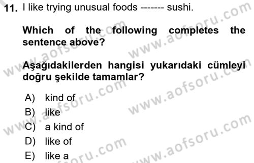 Ingilizce 1 Dersi 2018 - 2019 Yılı 3 Ders Sınav Soruları 11. Soru