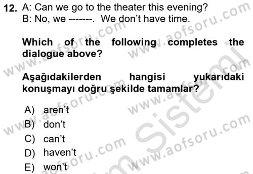 Ingilizce 1 Dersi 2018 - 2019 Yılı 3 Ders Sınav Soruları 12. Soru
