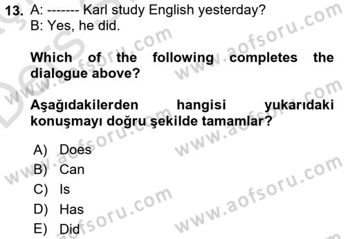 Ingilizce 1 Dersi 2018 - 2019 Yılı 3 Ders Sınav Soruları 13. Soru
