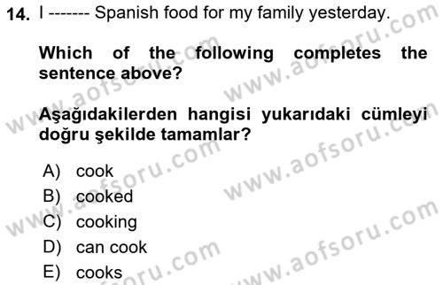 Ingilizce 1 Dersi 2018 - 2019 Yılı 3 Ders Sınav Soruları 14. Soru