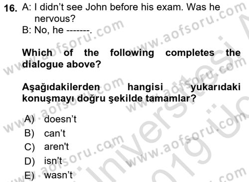 Ingilizce 1 Dersi 2018 - 2019 Yılı 3 Ders Sınav Soruları 16. Soru