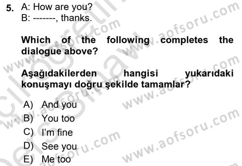 Ingilizce 1 Dersi 2018 - 2019 Yılı 3 Ders Sınav Soruları 5. Soru