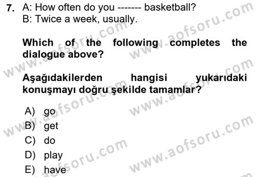 Ingilizce 1 Dersi 2018 - 2019 Yılı 3 Ders Sınav Soruları 7. Soru