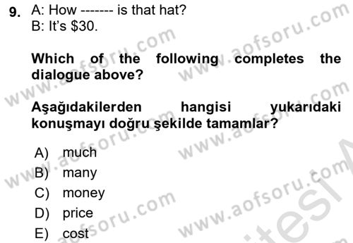 Ingilizce 1 Dersi 2018 - 2019 Yılı 3 Ders Sınav Soruları 9. Soru