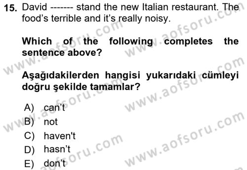 Ingilizce 1 Dersi 2018 - 2019 Yılı (Vize) Ara Sınavı 15. Soru