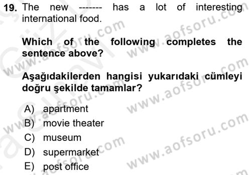 Ingilizce 1 Dersi 2018 - 2019 Yılı (Vize) Ara Sınavı 19. Soru