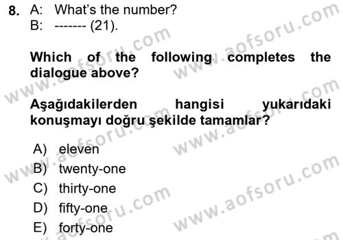 Ingilizce 1 Dersi 2018 - 2019 Yılı (Vize) Ara Sınavı 8. Soru