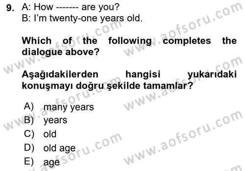 Ingilizce 1 Dersi 2018 - 2019 Yılı (Vize) Ara Sınavı 9. Soru