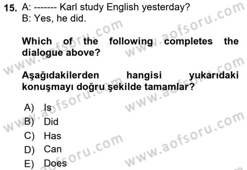 Ingilizce 1 Dersi 2018 - 2019 Yılı (Final) Dönem Sonu Sınavı 15. Soru