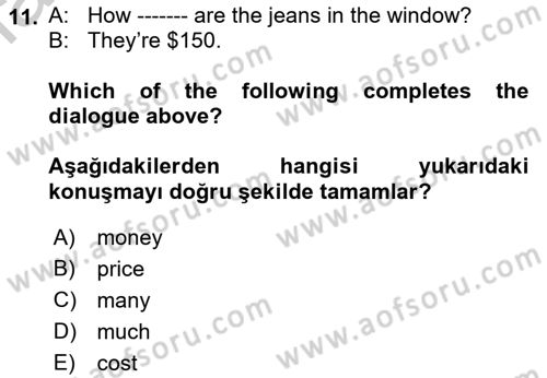 Ingilizce 1 Dersi 2018 - 2019 Yılı Yaz Okulu Sınav Soruları 11. Soru