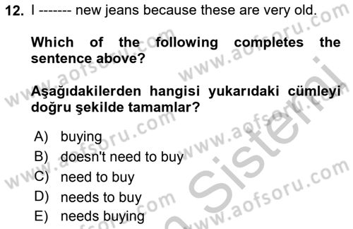 Ingilizce 1 Dersi 2018 - 2019 Yılı Yaz Okulu Sınav Soruları 12. Soru