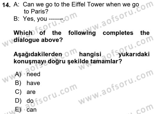 Ingilizce 1 Dersi 2018 - 2019 Yılı Yaz Okulu Sınav Soruları 14. Soru