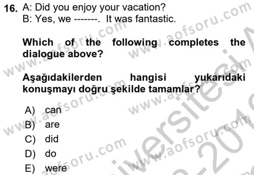 Ingilizce 1 Dersi 2018 - 2019 Yılı Yaz Okulu Sınav Soruları 16. Soru