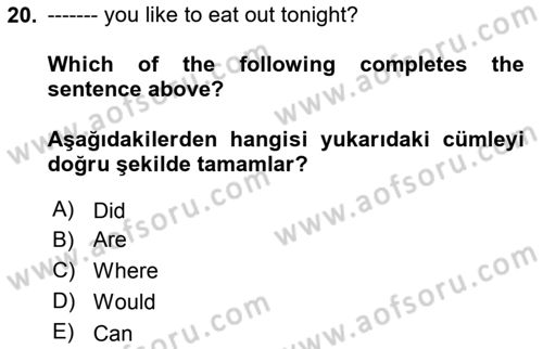 Ingilizce 1 Dersi 2018 - 2019 Yılı Yaz Okulu Sınav Soruları 20. Soru