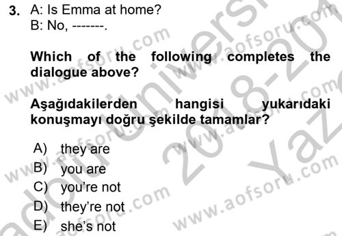 Ingilizce 1 Dersi 2018 - 2019 Yılı Yaz Okulu Sınav Soruları 3. Soru