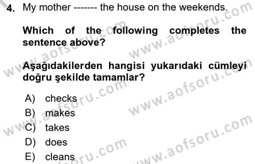 Ingilizce 1 Dersi 2018 - 2019 Yılı Yaz Okulu Sınav Soruları 4. Soru