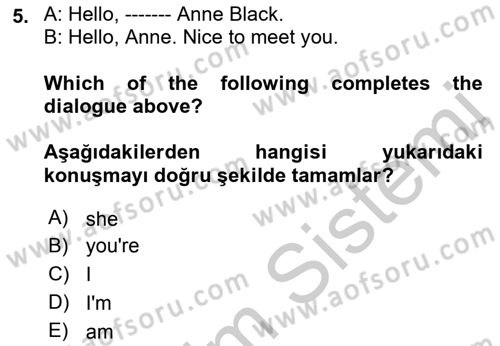 Ingilizce 1 Dersi 2018 - 2019 Yılı Yaz Okulu Sınav Soruları 5. Soru