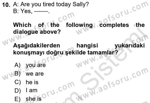 Ingilizce 1 Dersi 2019 - 2020 Yılı (Vize) Ara Sınav Soruları 10. Soru