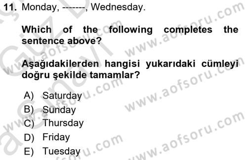 Ingilizce 1 Dersi 2019 - 2020 Yılı (Vize) Ara Sınav Soruları 11. Soru