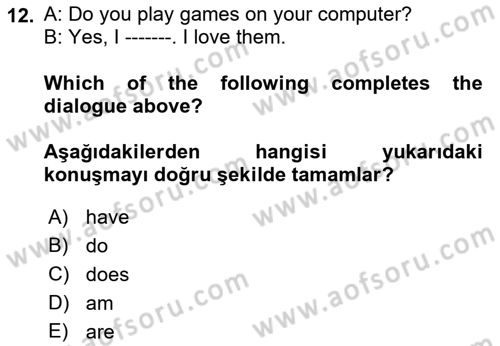 Ingilizce 1 Dersi 2019 - 2020 Yılı (Vize) Ara Sınav Soruları 12. Soru