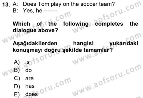 Ingilizce 1 Dersi 2019 - 2020 Yılı (Vize) Ara Sınav Soruları 13. Soru