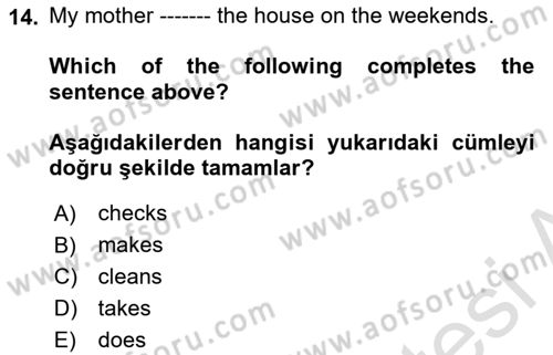 Ingilizce 1 Dersi 2019 - 2020 Yılı (Vize) Ara Sınav Soruları 14. Soru
