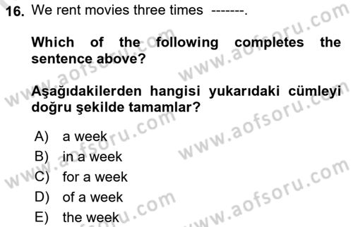 Ingilizce 1 Dersi 2019 - 2020 Yılı (Vize) Ara Sınav Soruları 16. Soru