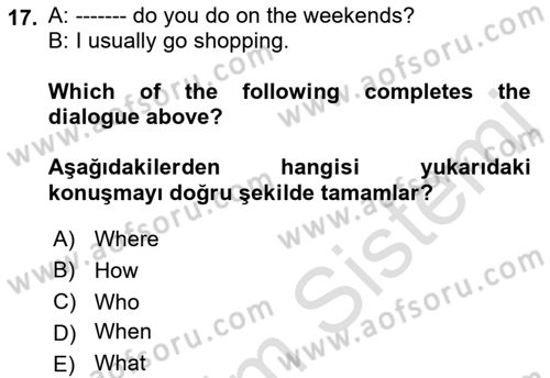 Ingilizce 1 Dersi 2019 - 2020 Yılı (Vize) Ara Sınav Soruları 17. Soru