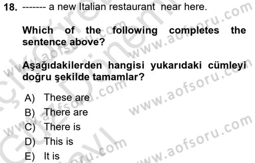 Ingilizce 1 Dersi 2019 - 2020 Yılı (Vize) Ara Sınav Soruları 18. Soru