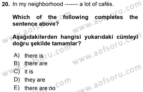 Ingilizce 1 Dersi 2019 - 2020 Yılı (Vize) Ara Sınav Soruları 20. Soru