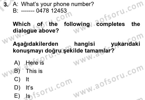 Ingilizce 1 Dersi 2019 - 2020 Yılı (Vize) Ara Sınav Soruları 3. Soru