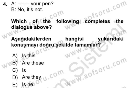 Ingilizce 1 Dersi 2019 - 2020 Yılı (Vize) Ara Sınavı 4. Soru