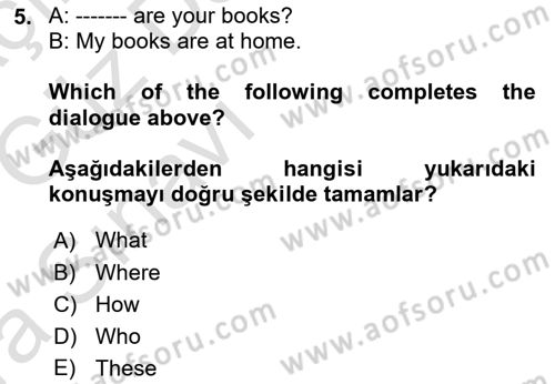 Ingilizce 1 Dersi 2019 - 2020 Yılı (Vize) Ara Sınav Soruları 5. Soru