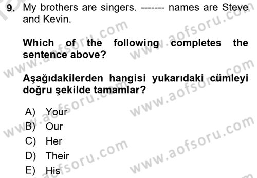 Ingilizce 1 Dersi 2019 - 2020 Yılı (Vize) Ara Sınav Soruları 9. Soru